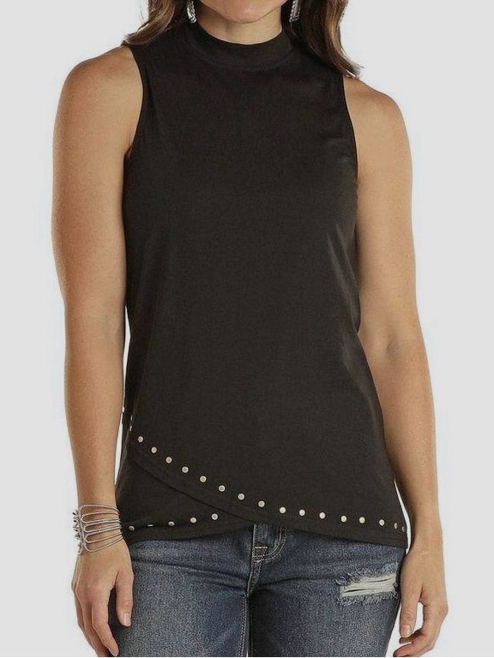 Panhandle Western Black Studded Mock Neck Tank Top Tulip Hem - Size M